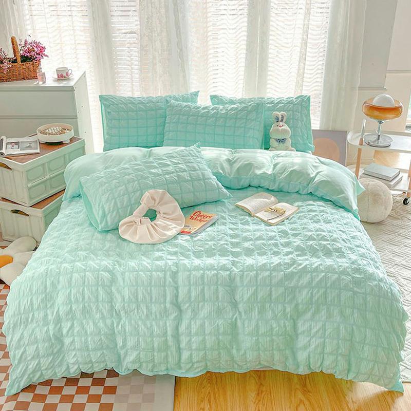 Girls Bubble Gauze Bedding Set Summer Cooling Soft Comforter Cover Kit Solid Color Skin Friendly Sleeping Naked Bedclothes