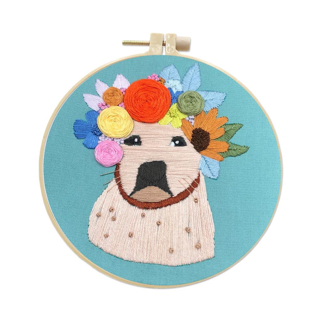 Dog Embroidery Kit for Beginenrs Hand Sewing with Flower and Dog Pattern Kit with Colourful Threads Needles Instructions