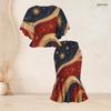 Women Plus Size Round Neck Batwing Sleeve Printed Red Blue White Ruffle Top Fishtail Skirt Two Piece Set