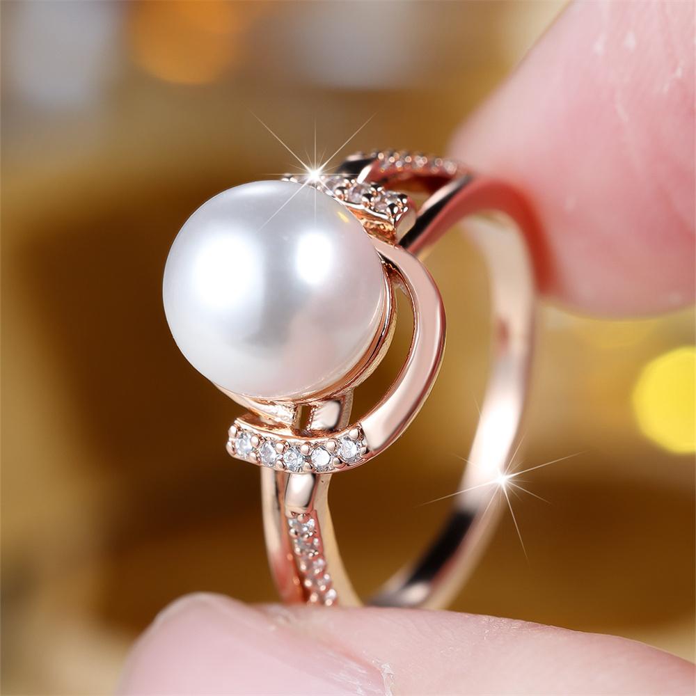 White Zircon Stone Simulated Pearl Rings For Women Vintage Rose Gold Color Engagement Ring Wedding Jewelry Valentine's Day Gifts