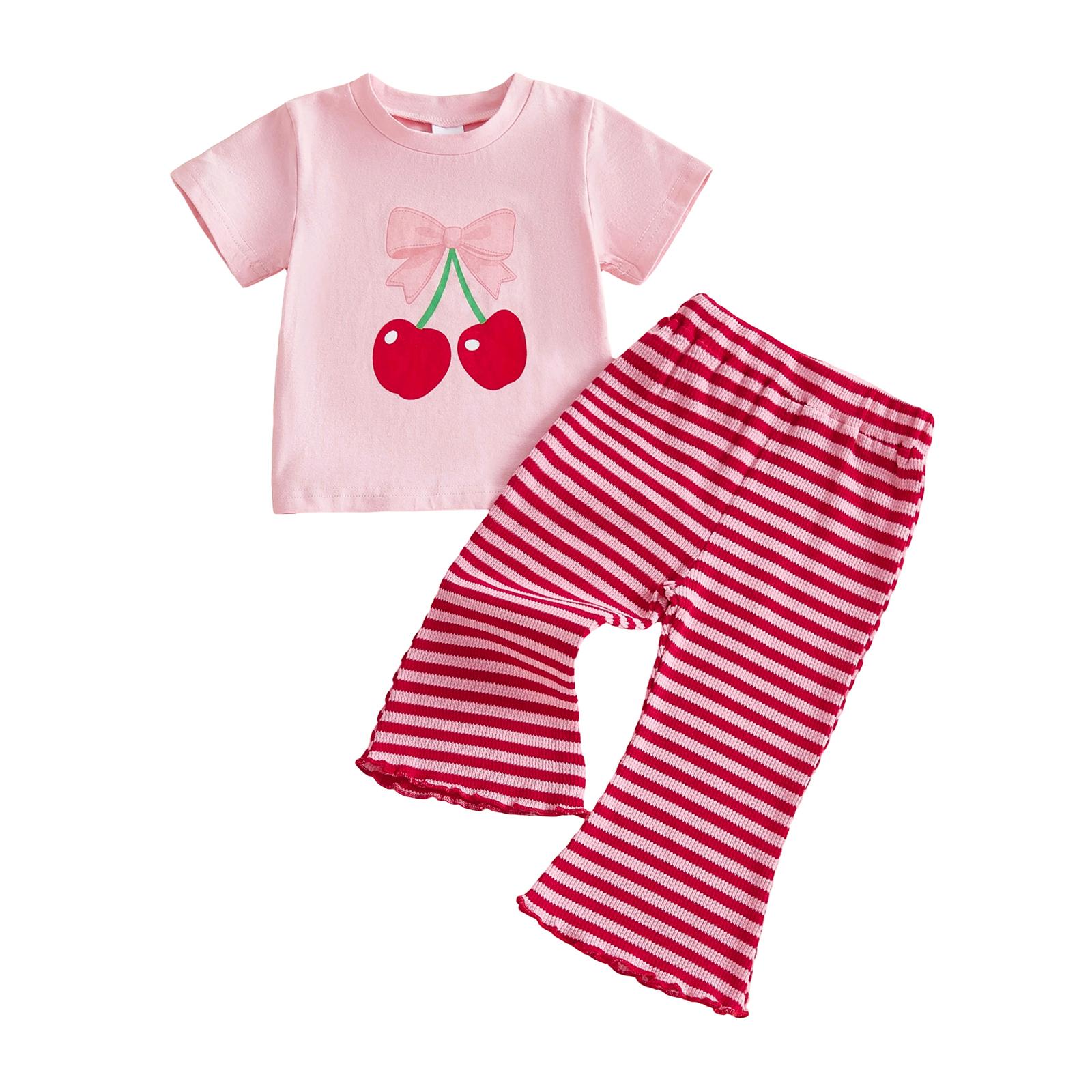 

Girl Summer Outfits Cherry Print Crew Neck Short Sleeve T-Shirts Tops Elastic Waist Stripe Flare Pants 2Pcs Clothes Set 6-12M розовый