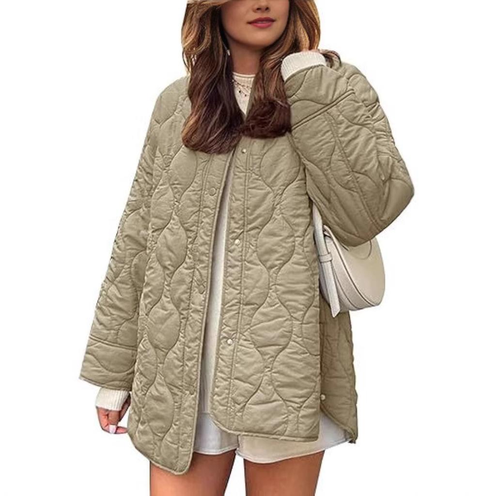 2025 Autumn Winter New European American Style Quilted Simple Solid Color Round Neck Loose Cotton Coat Outerwear