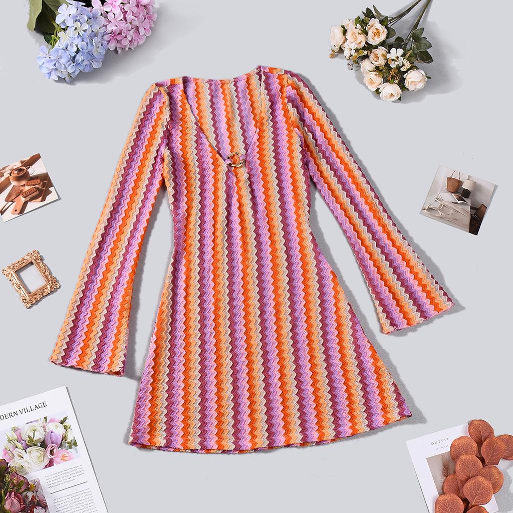 12153 European And American Autumn Women'S New Yarn-Dyed Striped Slim-Fitting Deep V-Neck Horn Long-Sleeved Hip-Wrapped Dress