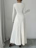 Herbst Winter Einfarbiges Strickkleid Damen O-Ausschnitt Langarm Plissiert Bürokleider Elegant Slim Robe Kleid