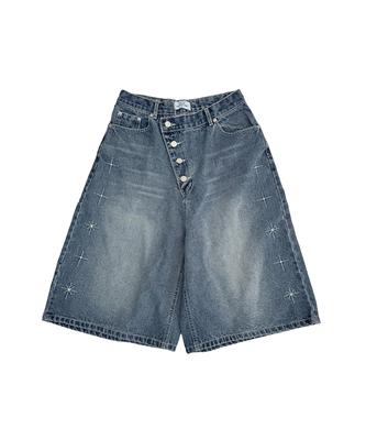 Eonyujeulaeb Cross Stitch Denim Bermuda Pants [Blue]