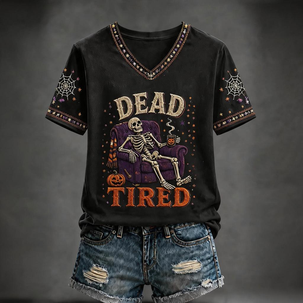 Women's Halloween Printed V-Neck Short Sleeve T-Shirt Casual Top