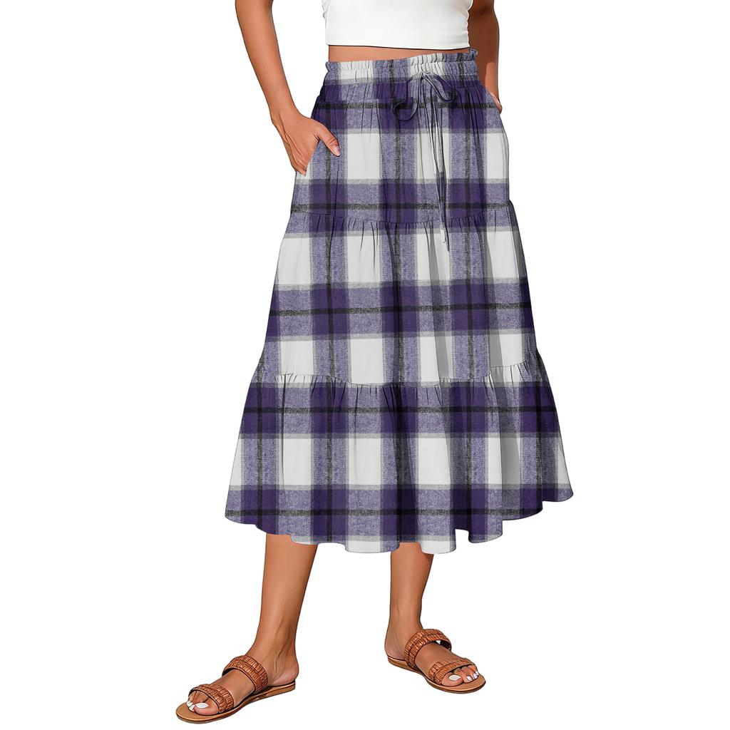 Ladies' Plaid Printed Casual Elastic Waist Drawstring Skirt
