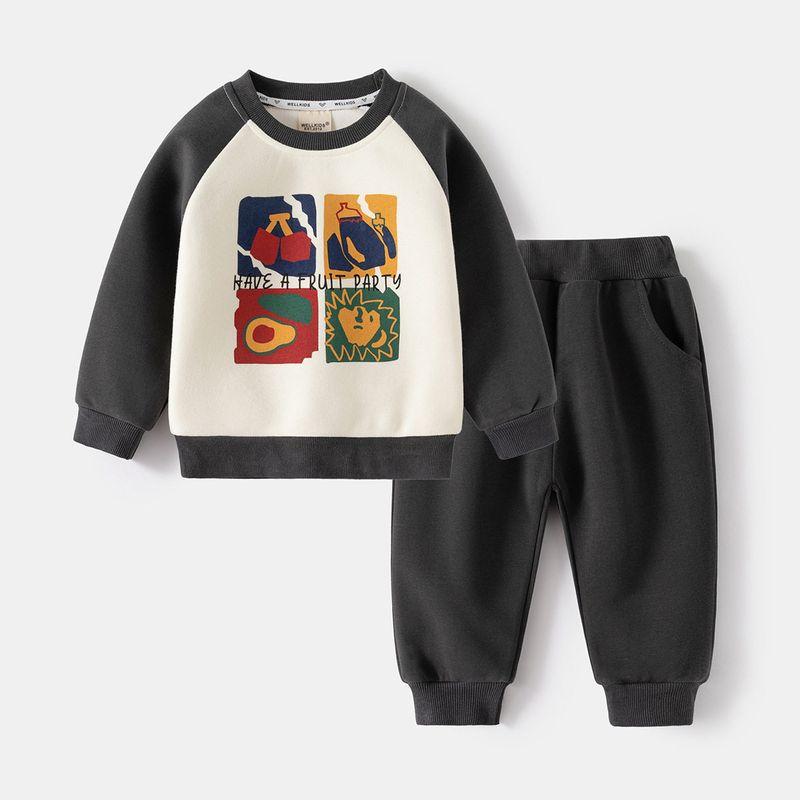 Children s Clothing Spring and Autumn Kids Casual Suit Boy s Hoody Sports Pants Two-piece Set Baby Boy Fruit Printed Clothes Iron Gray Fruit Print Set 90