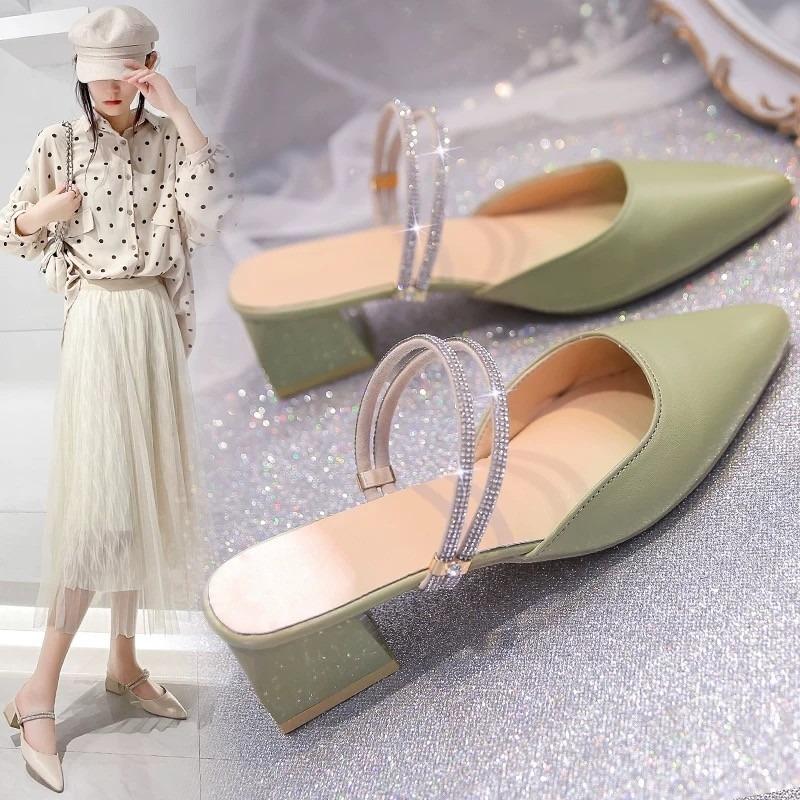 new Korean version fashion rhinestone toe slippers thick-heeled pointed women's summer Hong Kong style two-wear sandals