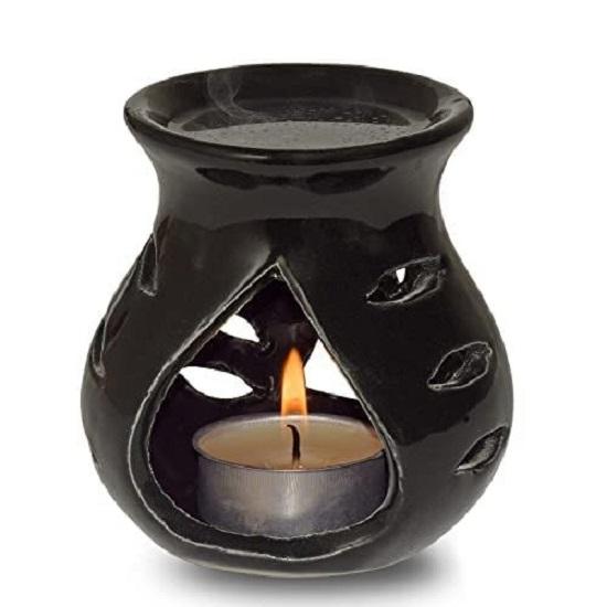 Ceramic Clay Candle Operated Aroma Burner (Black; 9 Cm)