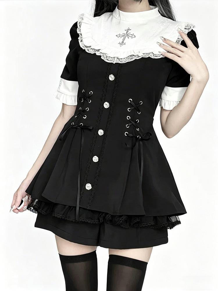 Snowflake Time: Japanese Lolita Stand-Collar Dress Set with Bib & Bow Tie