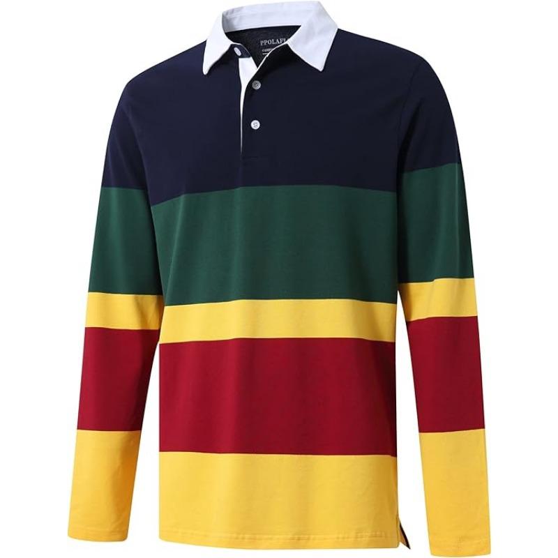 Herren Poloshirt Langarm Gestreift Trocken und Lässig mit Kragen Perlenstoff Golf Poloshirt für Herren