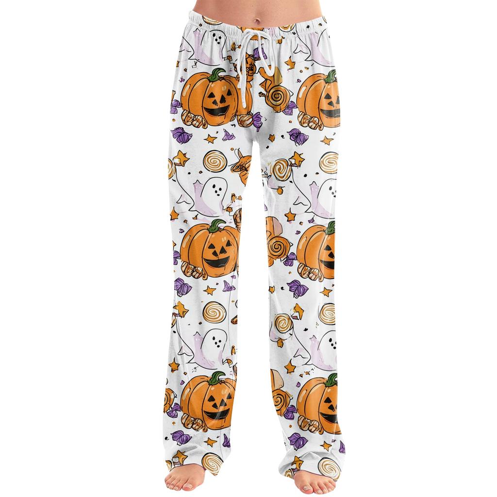 Women's Drawstring Lounge Pants Halloween Print Casual Pants Elastic Waistband Relaxed Fit Full Length Soft Fabric