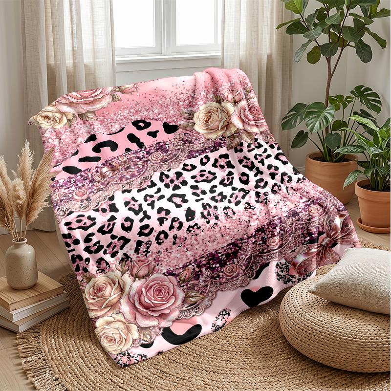Pink Roses and Leopard Print 3 Theme blanket Lightweight Warm Flannel Blanket Decorative Throw Blanket for Home Decoration