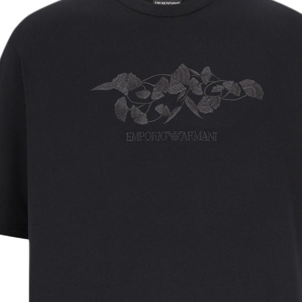 Emporio Armani Letter Logo Ginkgo Embroidery Loose Round Neck Short Sleeve T-Shirt Men tops Black 3D1T9S-1J7FZ-0999