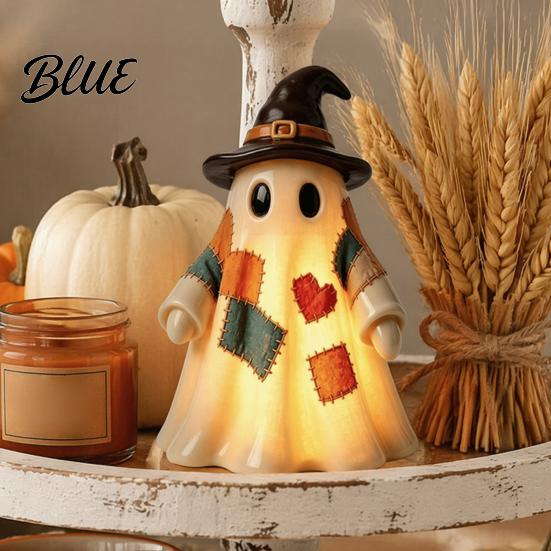Nostalgic Fall Mantel Decor Lighted Vintage Patchwork Ghost LED Light Up Ghost with Pumpkin Lantern Spooky Classroom Halloween Desk Accessories Cute