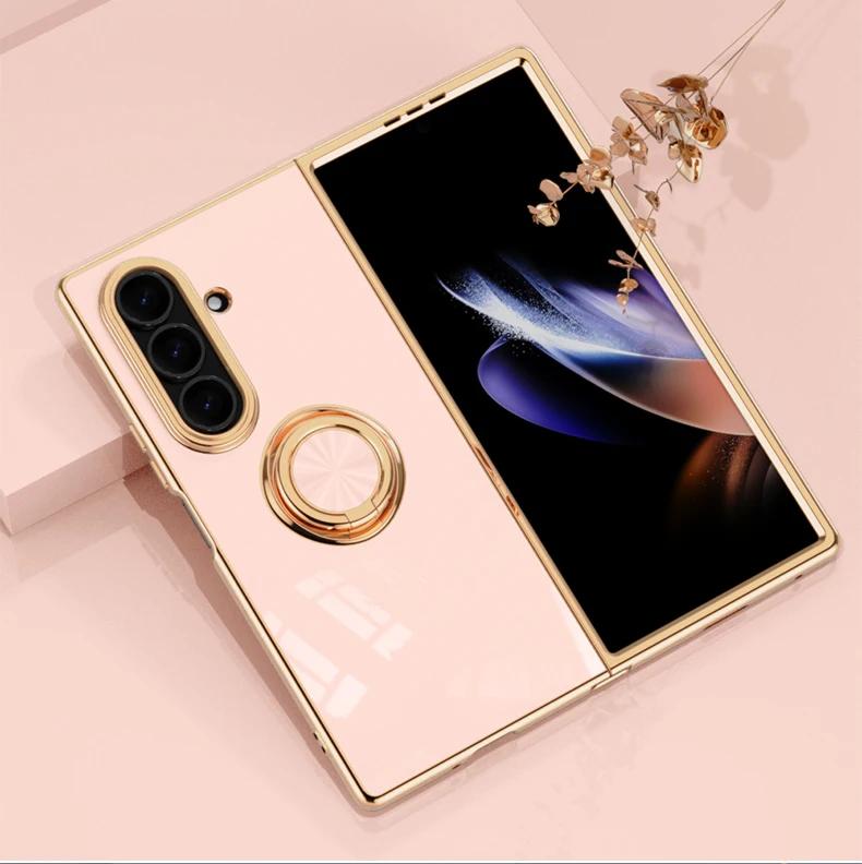 Luxury Electroplating Skin-friendly Rotable Ring Bracket For Samsung Galaxy Z Fold 7 6 5 4 3 Slim Full-pack Anti-Drop Back Cover