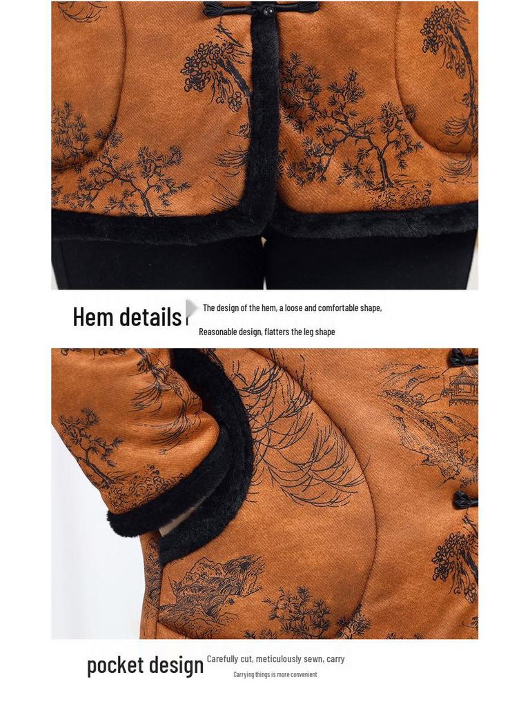 New Women's Velvet Cotton Jacket - Mid-Aged Winter Outerwear with Frog Buttons, Padded and Thickened for Warmth, Chinese Style