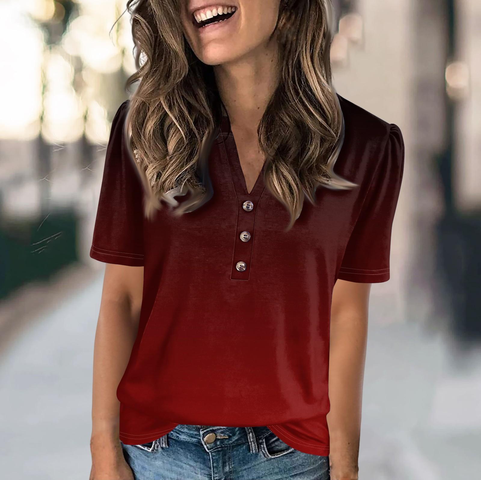 

Жіноча модна повсякденна одноколірна футболка з V-подібним вирізом і короткими рукавами XXL винний