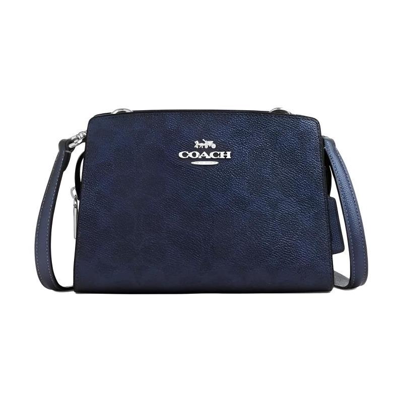 COACH Gia 20 metallic cross-check coated canvas and leather shoulder crossbody bag small women s dark blue синий