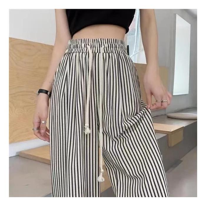 

большой размер спортивные штаны джоггеры на кулиске Женские брюки с широкими штанинами Ретро с высокой талией полосатые Эластичные женские брюки черные свободные Длинные брюки 3XL чёрный