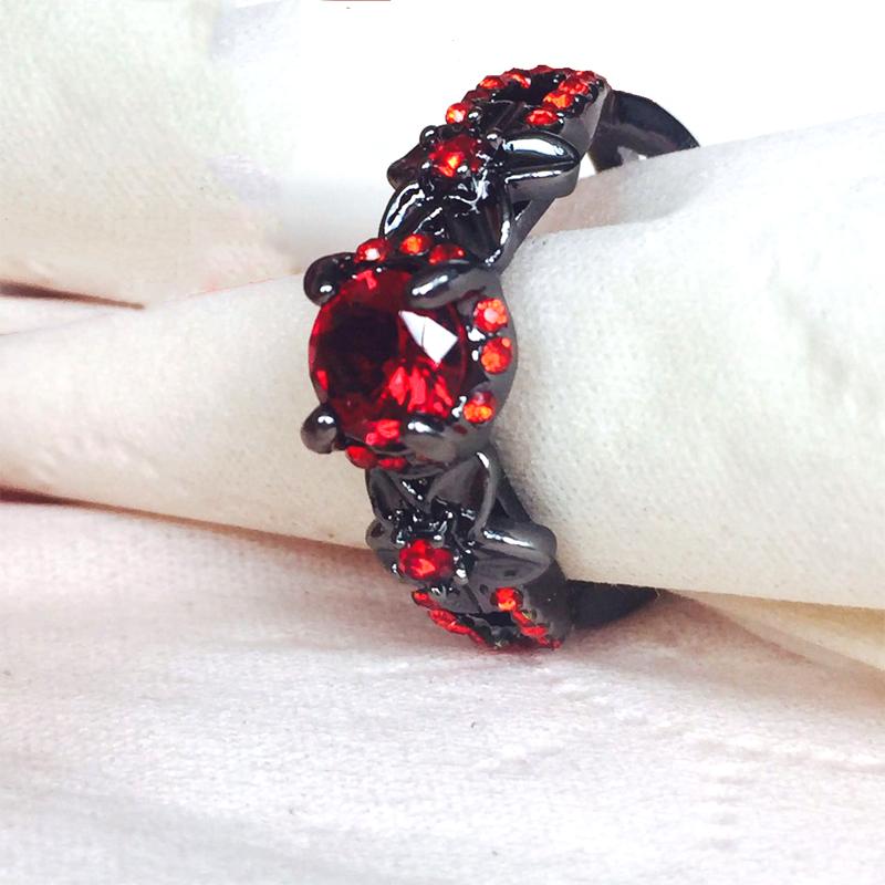 Red Garnet Flower Shiny Black Gold Color Rings for Women Charming Wedding  Promise Opal Rings Bijoux Femme Party Gifts
