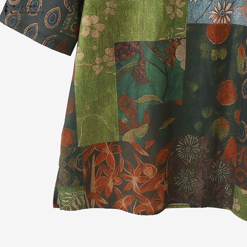 ZANZEA Blusa Casual de Verano para Mujer con Cuello Redondo y Manga Corta con Estampado Floral Retro