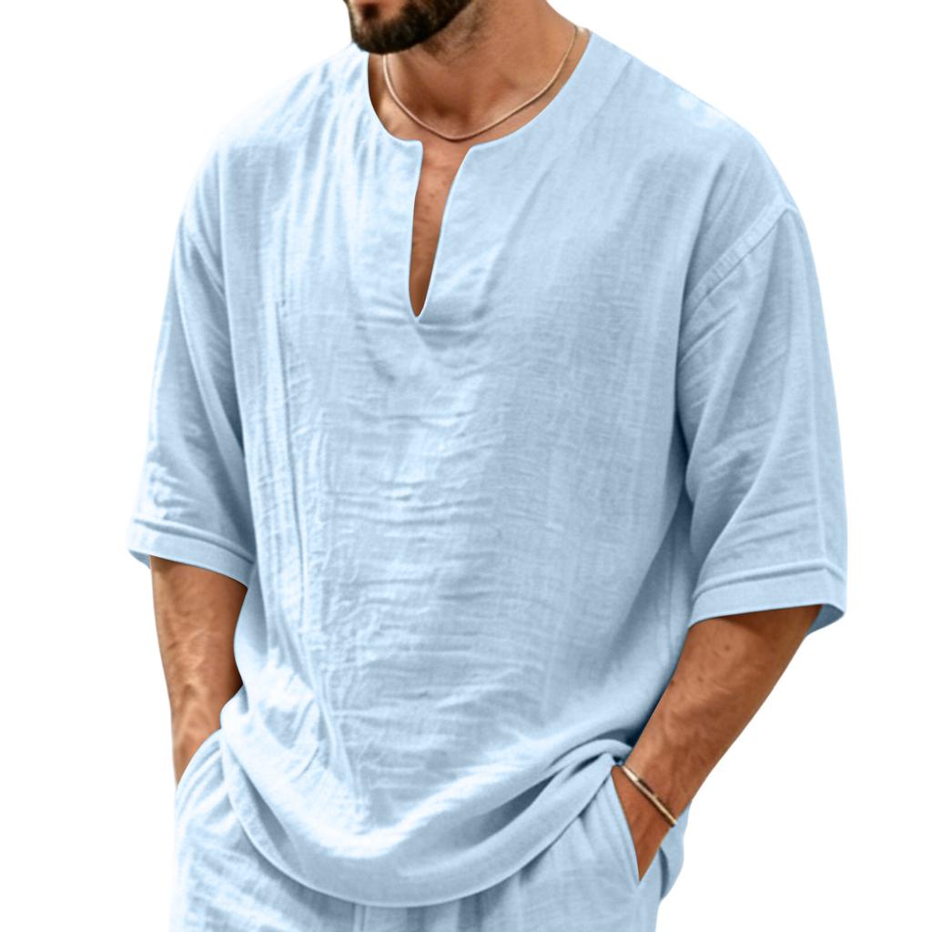 Camisa Casual de Lino para Hombre, Cuello en V, Manga Media, Corte Holgado, Tejido Ligero y Transpirable, Top de Verano