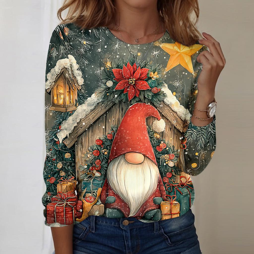 Women's Fashion Casual Long Sleeve Christmas Printed Round Neck Top