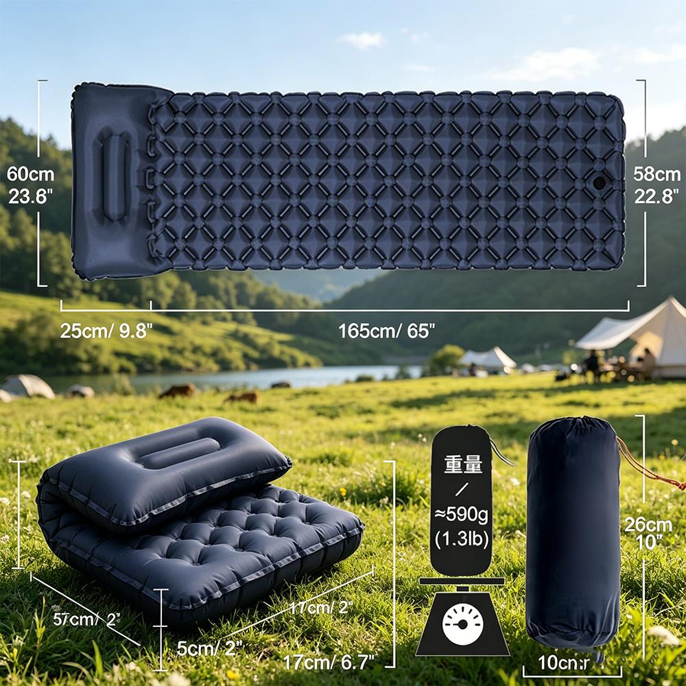 Foot Press Self Inflatable Camping Sleeping Pad with Built-in Pillow, Portable Outdoor Tent Air Mattress for Camping Hiking