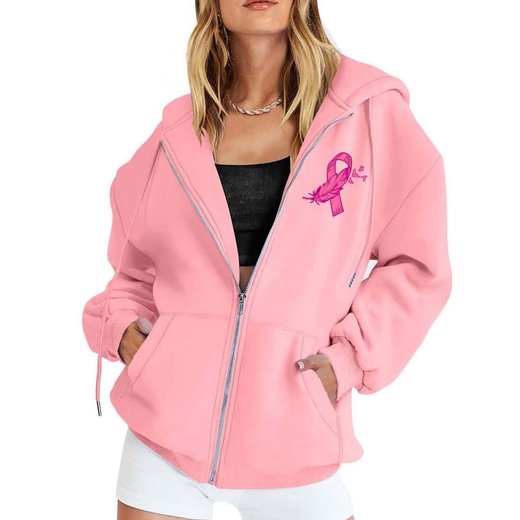 Women's Breast Sweatshirt Ribbon Breast Long Sleeve Hooded Pocket Casual Sweatshirt Jacket