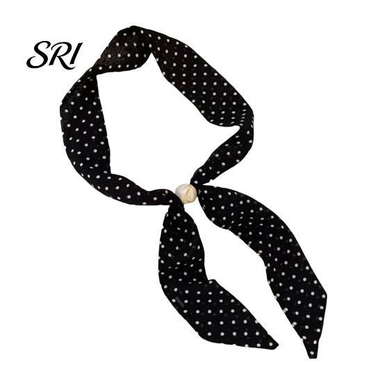 Satin Neck Scarf Women Imitation Pearl Buckle One-Piece Design Lightweight Chiffon Breathable Summer French Retro Black White Dot Collar Decorative