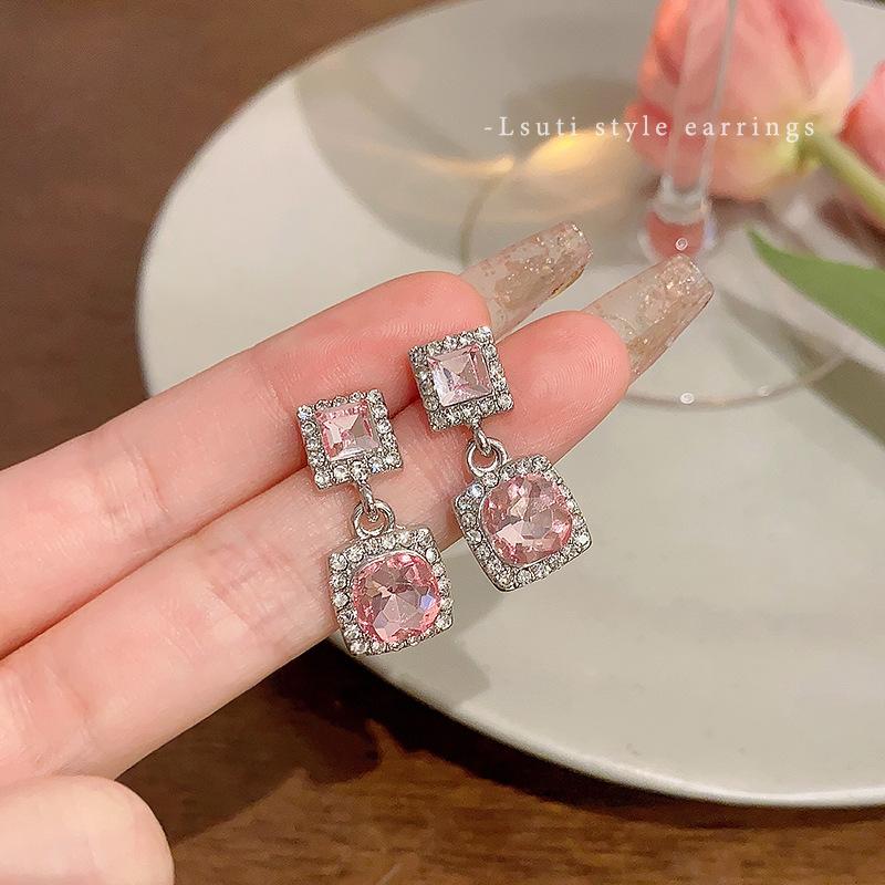 S925 Silver Needle Light Luxury Pink Diamond Square Earrings Women s Premium Stud Earrings Trend Earrings