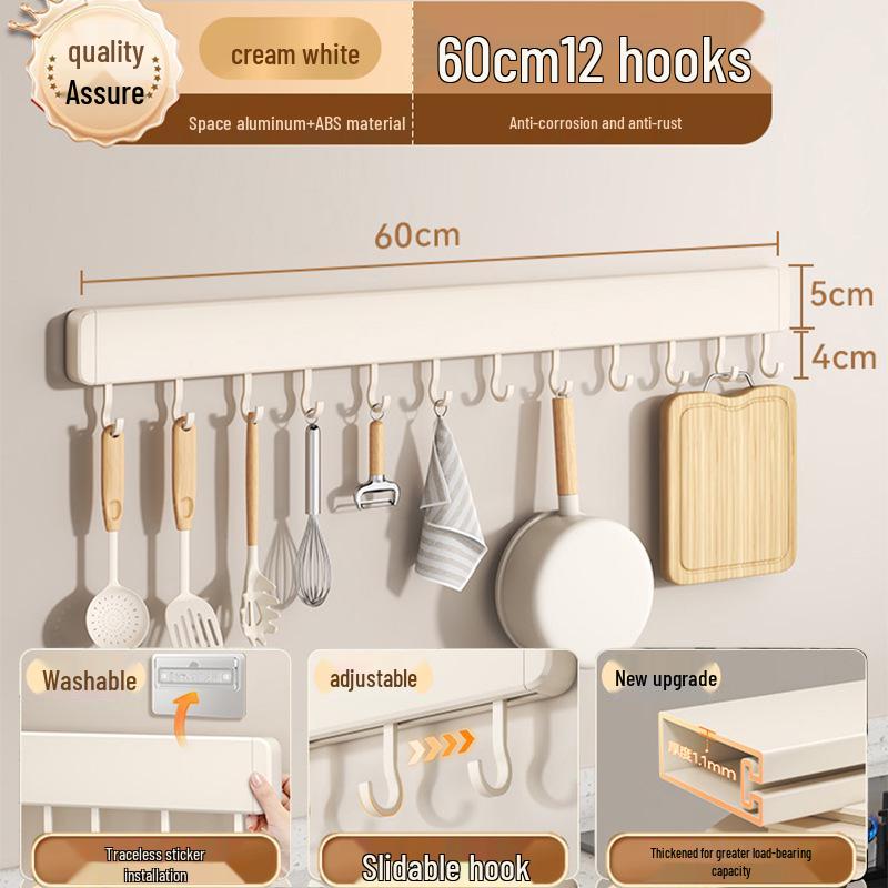 No-Drill Wall-Mounted White Kitchen Hook Rack for Pots, Lids, and Utensils