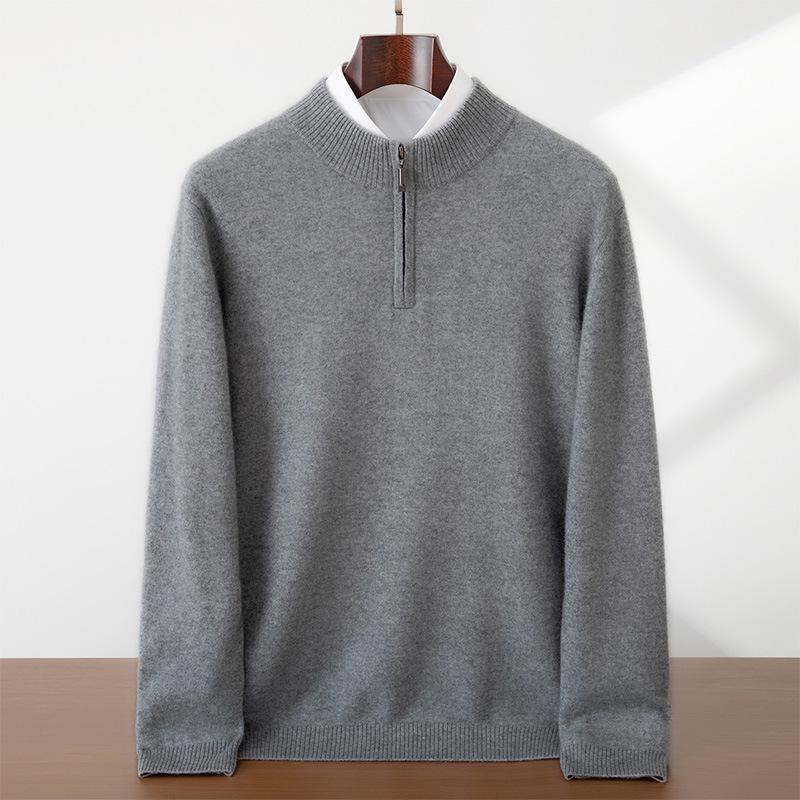Men's Cashmere Zipper Sweater - Solid Color, Half-High Collar, Long Sleeve, Casual Fit.