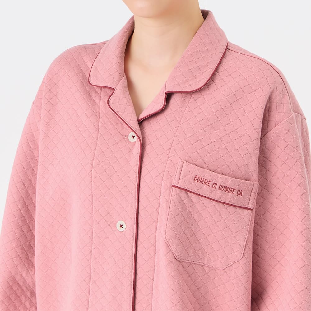 Gunze Komsi Komsa Long Sleeve and Cotton Front and Diamond MD6115 Women's Pajamas, Pants, 100% Back, Quilted, Pink,