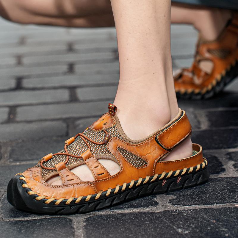Leather Mesh Sandals Foreign Trade Large Size Breathable Hot-selling Handmade Shoes 2025 Summer New Casual Men's Beach Shoes