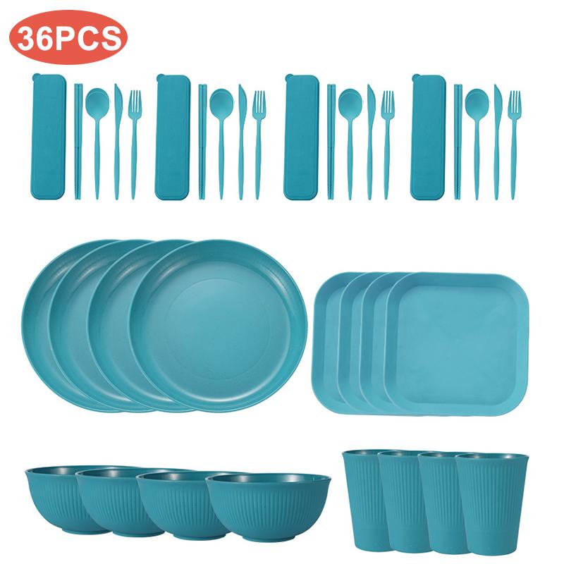 32/36pcs Wheat Straw Cutlery Set Spoon Fork Chopsticks Tableware Picnic Camping Cup Bowl Dish Dinnerware Set Kitchen Accessories