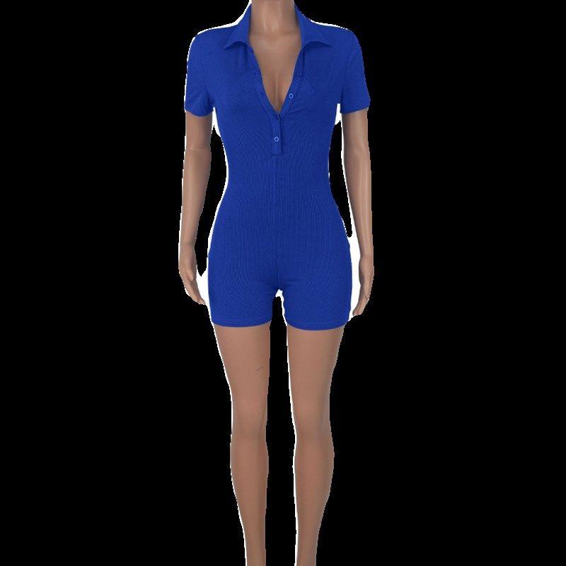 

2024NEW Women Sexy Short Rompers with Lapels Skinny Jumpsuit Color blue XL
