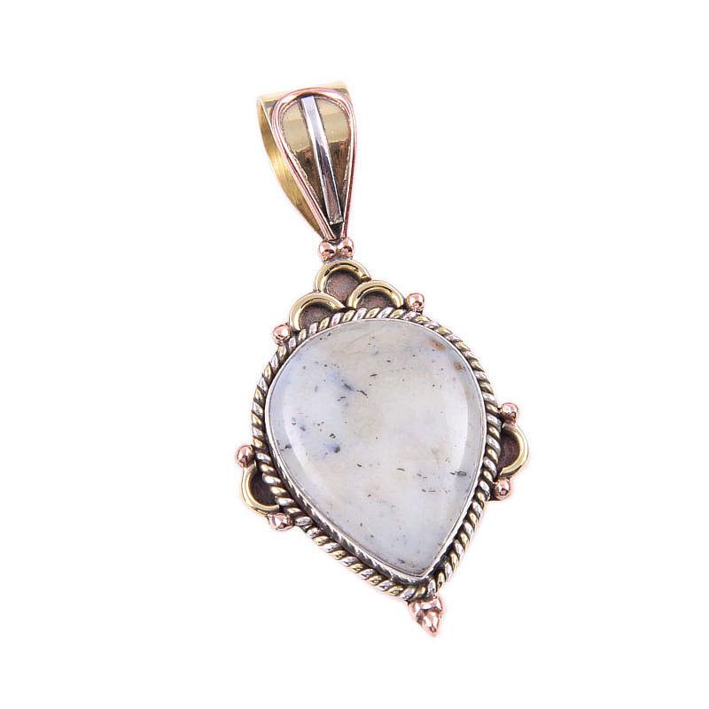 Natural Dendrite Opal 925 Solid Sterling Silver Gift TwoTone Pendant 1.50" i8A78