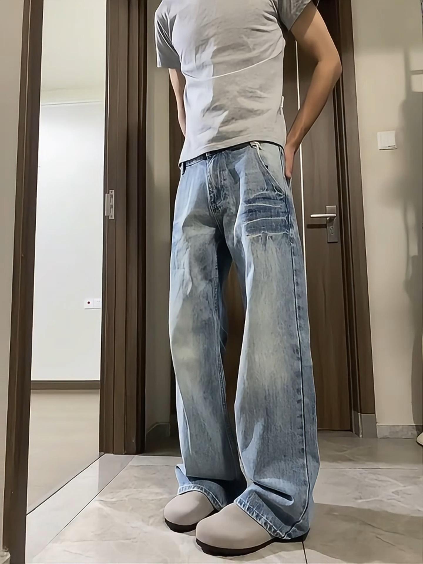 JYL Men s Jeans Light Blue Crackle Wash Wide Leg Curved Vibe Denim XL античный пурпурный