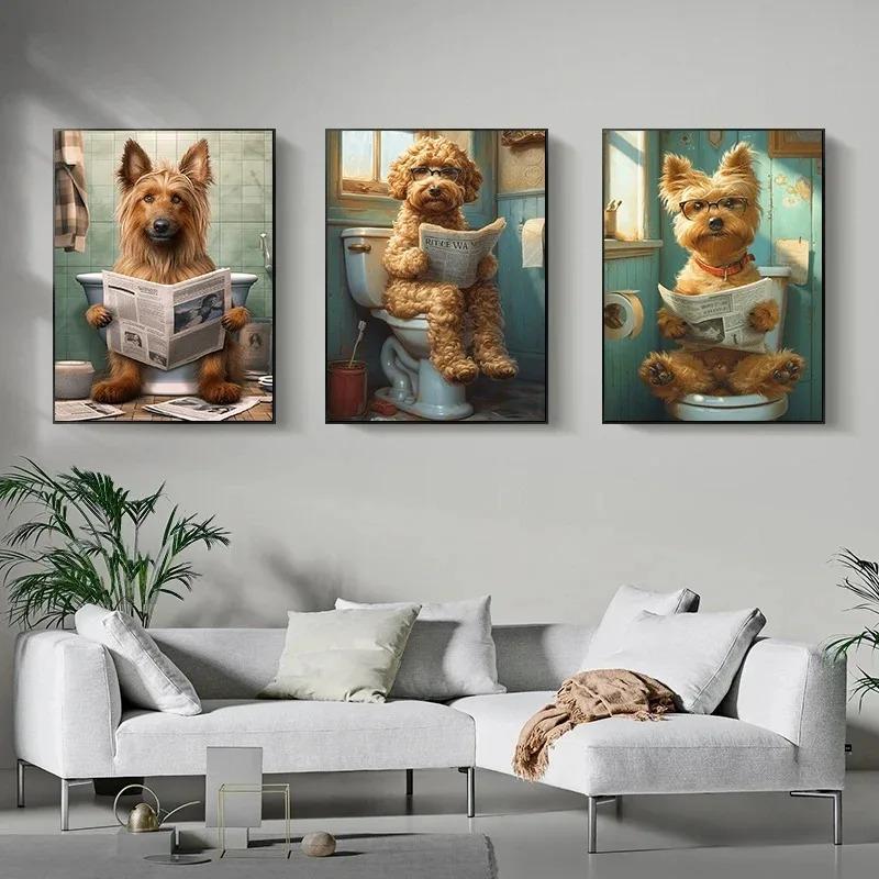 Vtipný Roztomilý Pes Koupelna Zvíře na Záchodě a Čtení Novin Plakátový Tisk Plátno Malba Nástěnné Umění Obývací Pokoj Domácí Dekorace