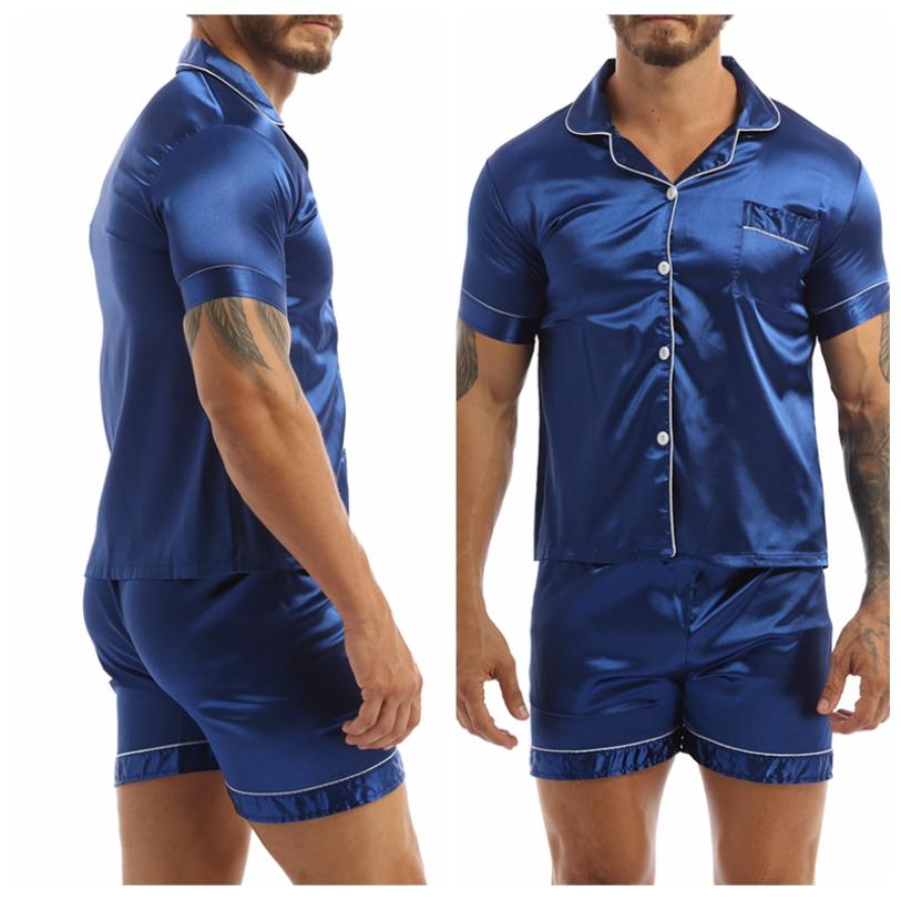 Mens Silky Satin Pajamas Set Short Sleeves Button Down Shirt Top with Shorts Sleepwear Loungewear