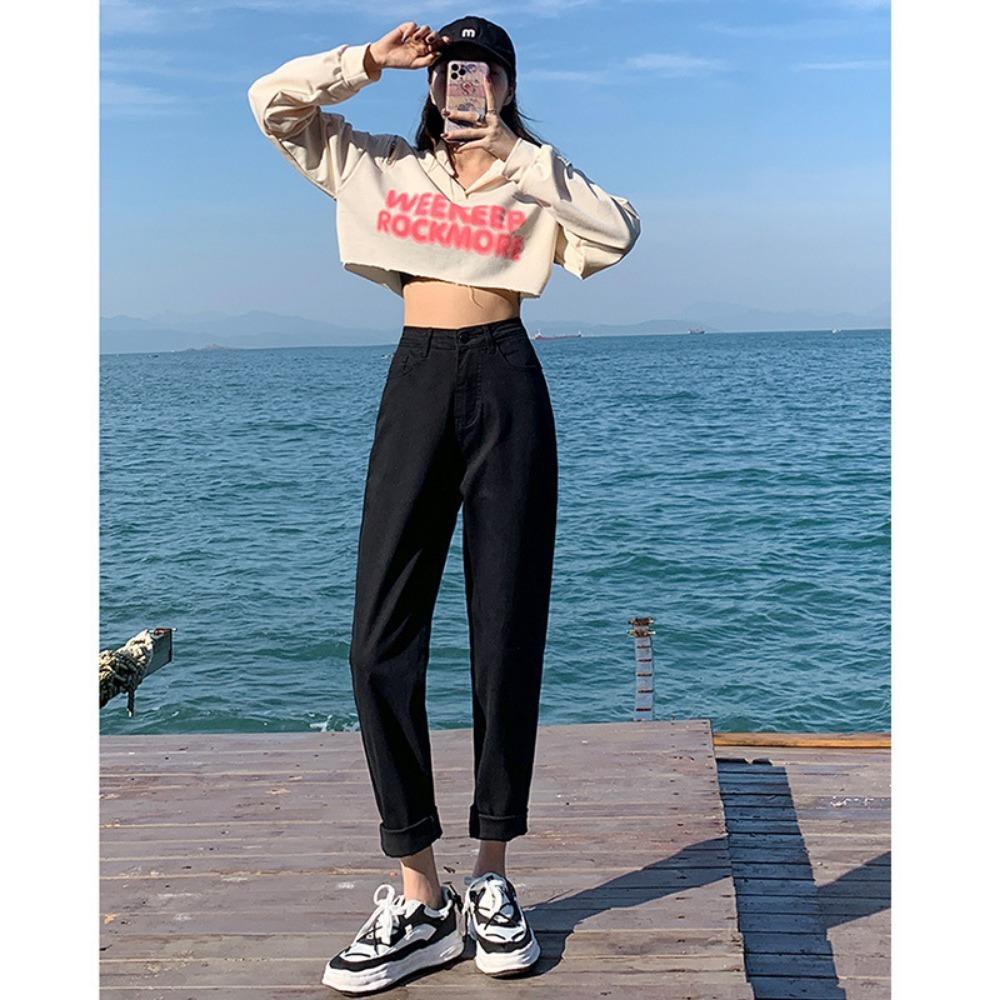 Commuter high-waisted jeans women's autumn and winter new Korean version loose casual versatile Harlan pants dad ins tide