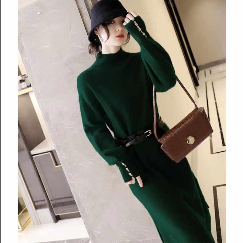 Knitted dress women's autumn and winter lantern sleeves temperament socialite new belt waist half turtleneck sweater long dress