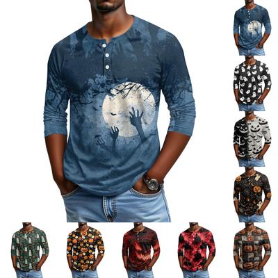 Men's Casual Halloween Print Henley Shirt Three Quarter Sleeve Raglan Top Lightweight Breathable Fabric Comfortable Fit
