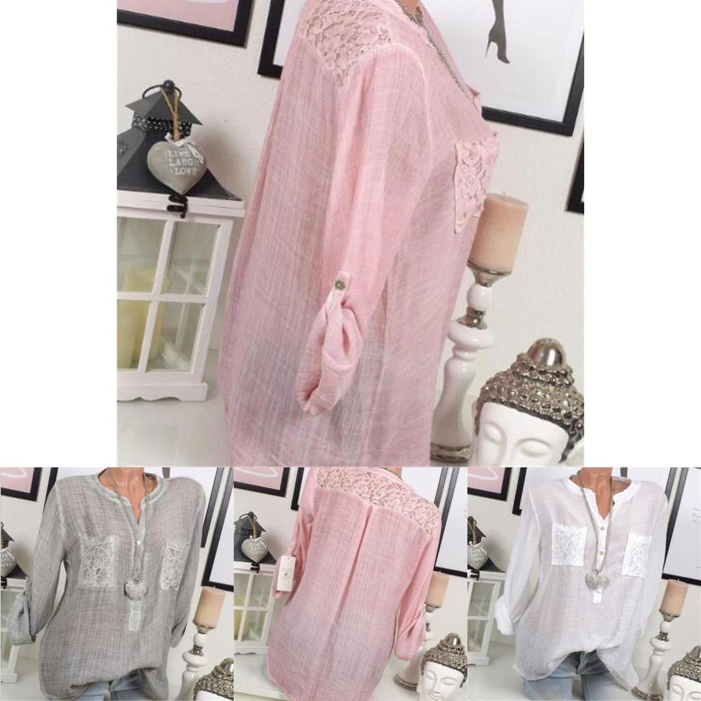 Chic Lace Shirt Autumn Women V-neck Long Blouse Loose Plus Size Sleeve S-5xl