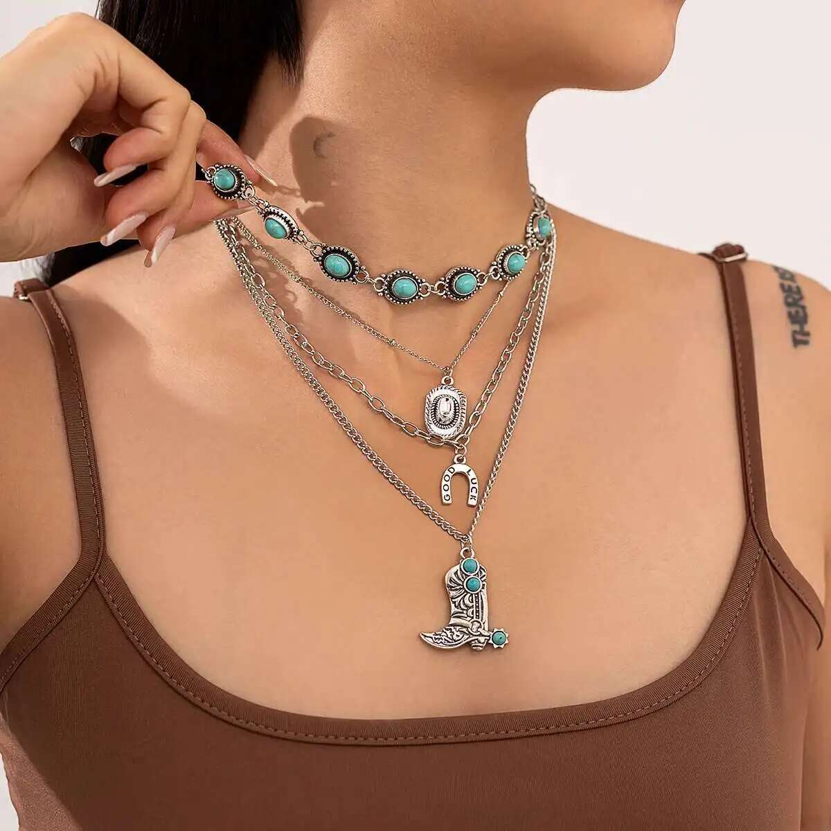

Ingemark 4Pcs/Set Ethnic Blue Stone Chain Necklace for Women 2026 New Trend Vintage Cowboy Hat Boots Pendant Choker Jewelry Gift