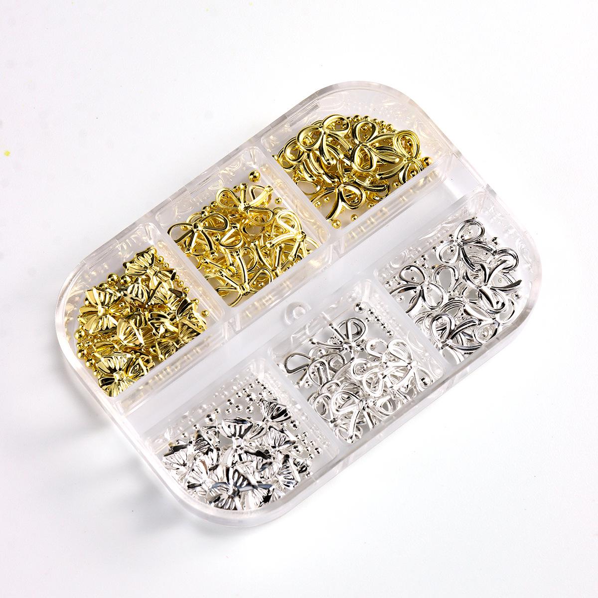2026 Hollow Metal Bow Nail Art Accessories - Gold & Silver Beads Classic Decoration for Girls