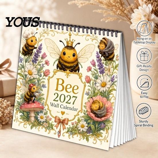 Office Schedule Planning Tool 2027 Bee Themed Desktop Calendar, Spiral Binding And Thickened Cute Illustration Stationery Paper Planner, Decorative